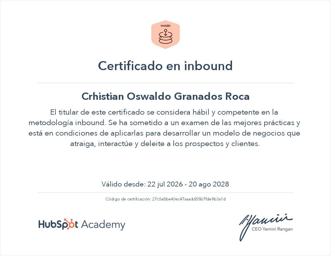 Certificado HubSpot Academy - Inbound de Cristian Skylar (Crhistian Granados)